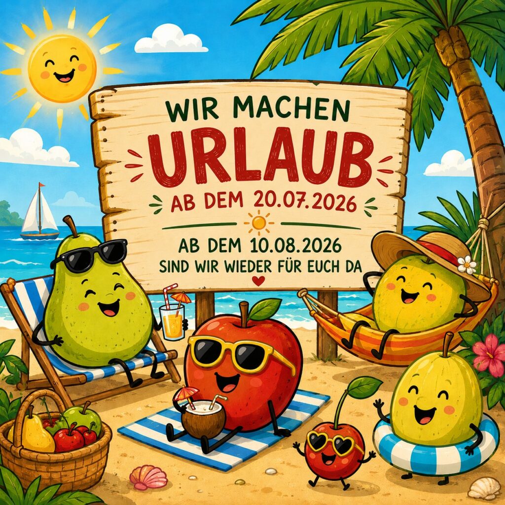 Wir machen vom 20.07. bis zum 08.08.2026 Sommerurlaub.
